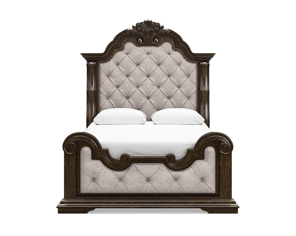 Maylee Queen Upholstered Panel Bed, Dresser, Mirror and Nightstand