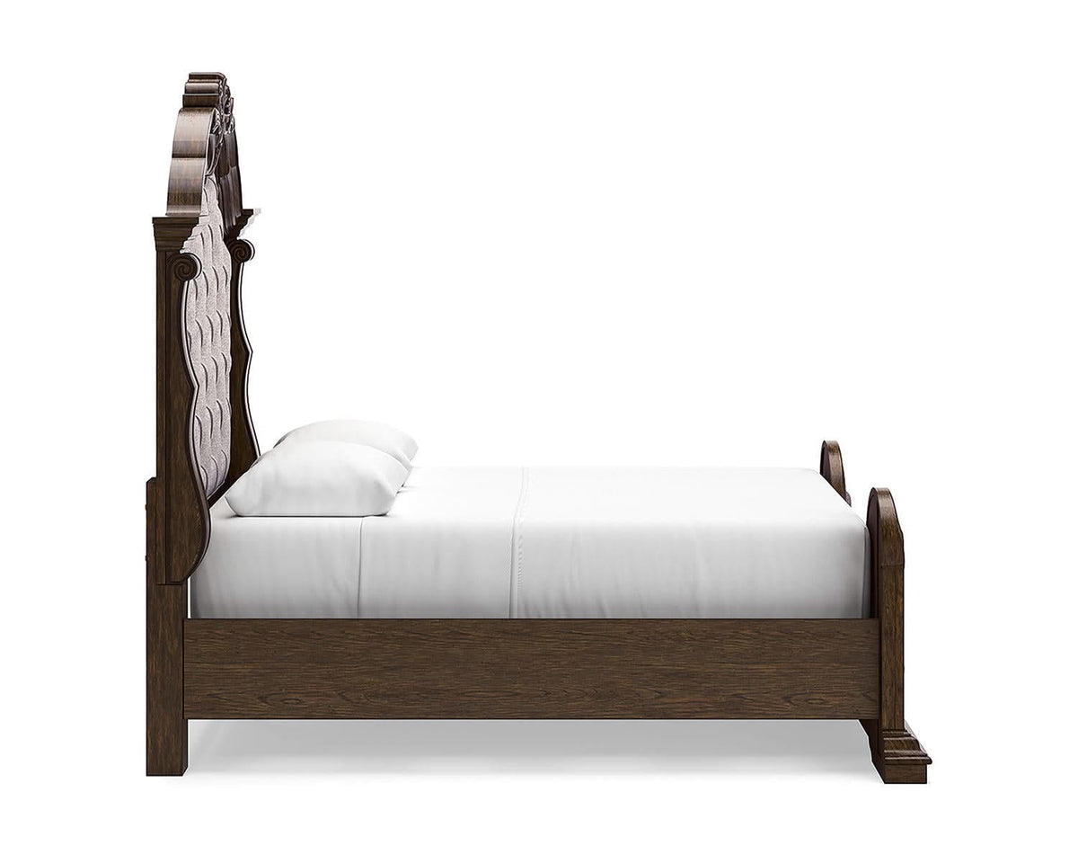 Maylee Queen Upholstered Panel Bed, Dresser, Mirror and Nightstand