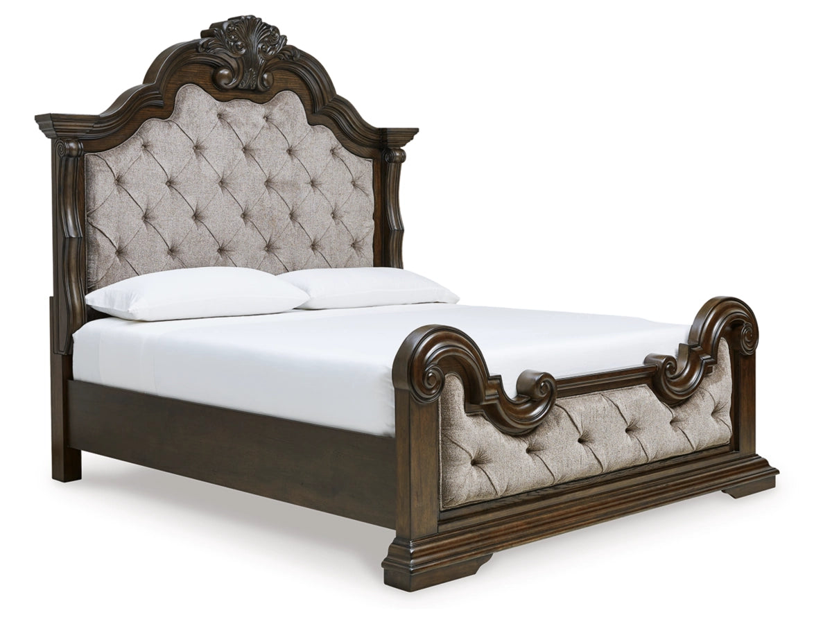 Maylee Queen Upholstered Bed with Mirrored Dresser, Chest and 1 Nightstands