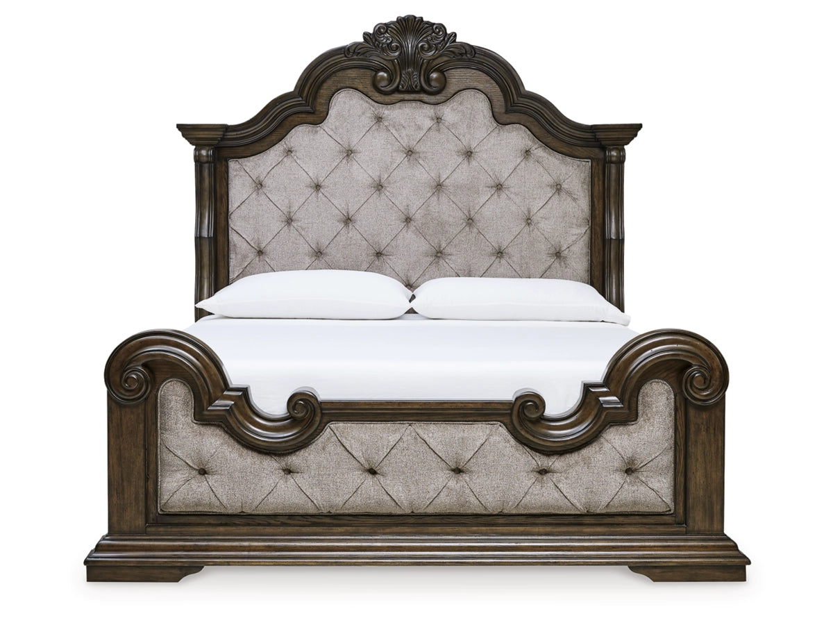 Maylee Queen Upholstered Bed with Mirrored Dresser, Chest and 1 Nightstands