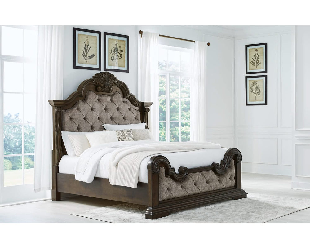 Maylee King Upholstered Bed, Dresser, Mirror and 2 Nightstands