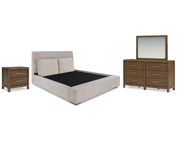 Cama tapizada Cabalynn King, tocador, espejo y mesita de noche