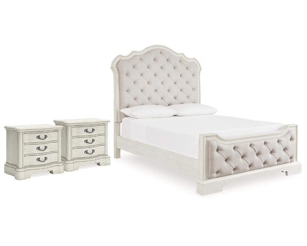 Cama Queen Arlendyne con paneles tapizados y dos mesitas de noche