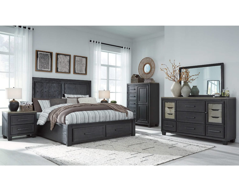 Foyland Cal King Panel Storage Bed, Dresser, Mirror, Chest and Nightstand