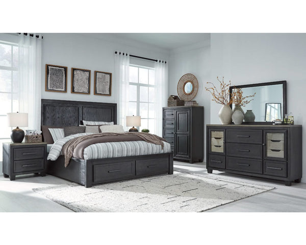 Foyland Cal King Panel Storage Bed, Dresser, Mirror, Chest and Nightstand