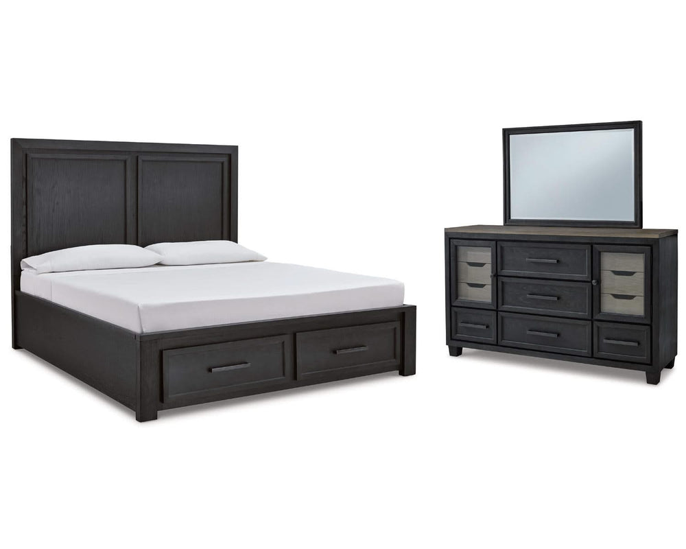 Cama King Foyland con almacenamiento, tocador y espejo