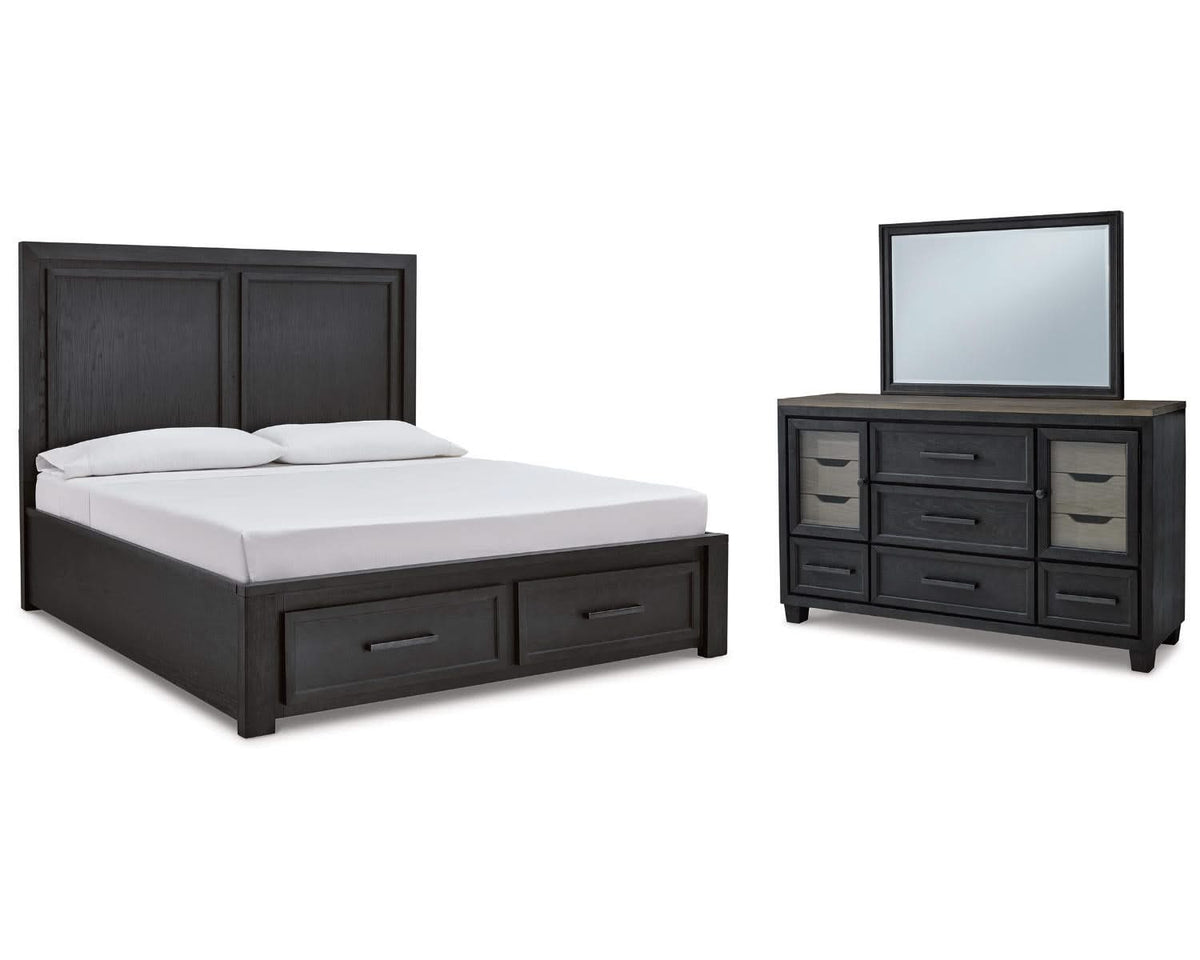 Cama King Foyland con almacenamiento, tocador y espejo