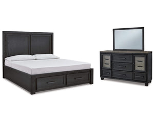 Cama King Foyland con almacenamiento, tocador y espejo