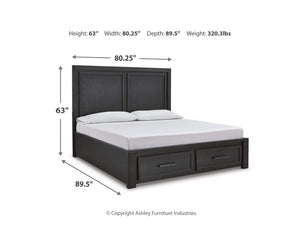 Foyland Cal King Panel Storage Bed, Dresser, Mirror, Chest and Nightstand