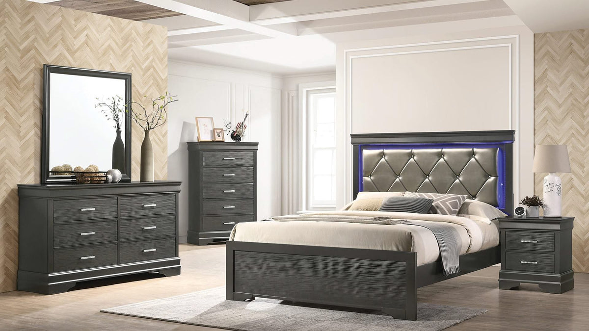 Juego de dormitorio de 5 piezas con luz LED metálica Pompei
