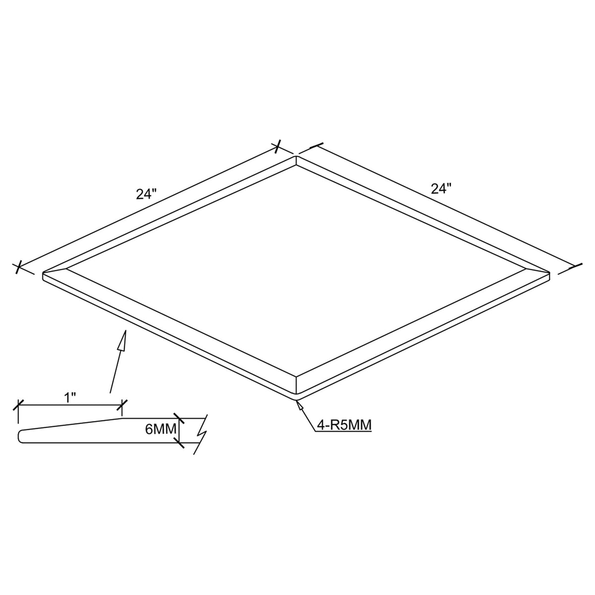 Tapa de vidrio templado transparente rectangular de 6 mm y 24 x 24 pulgadas
