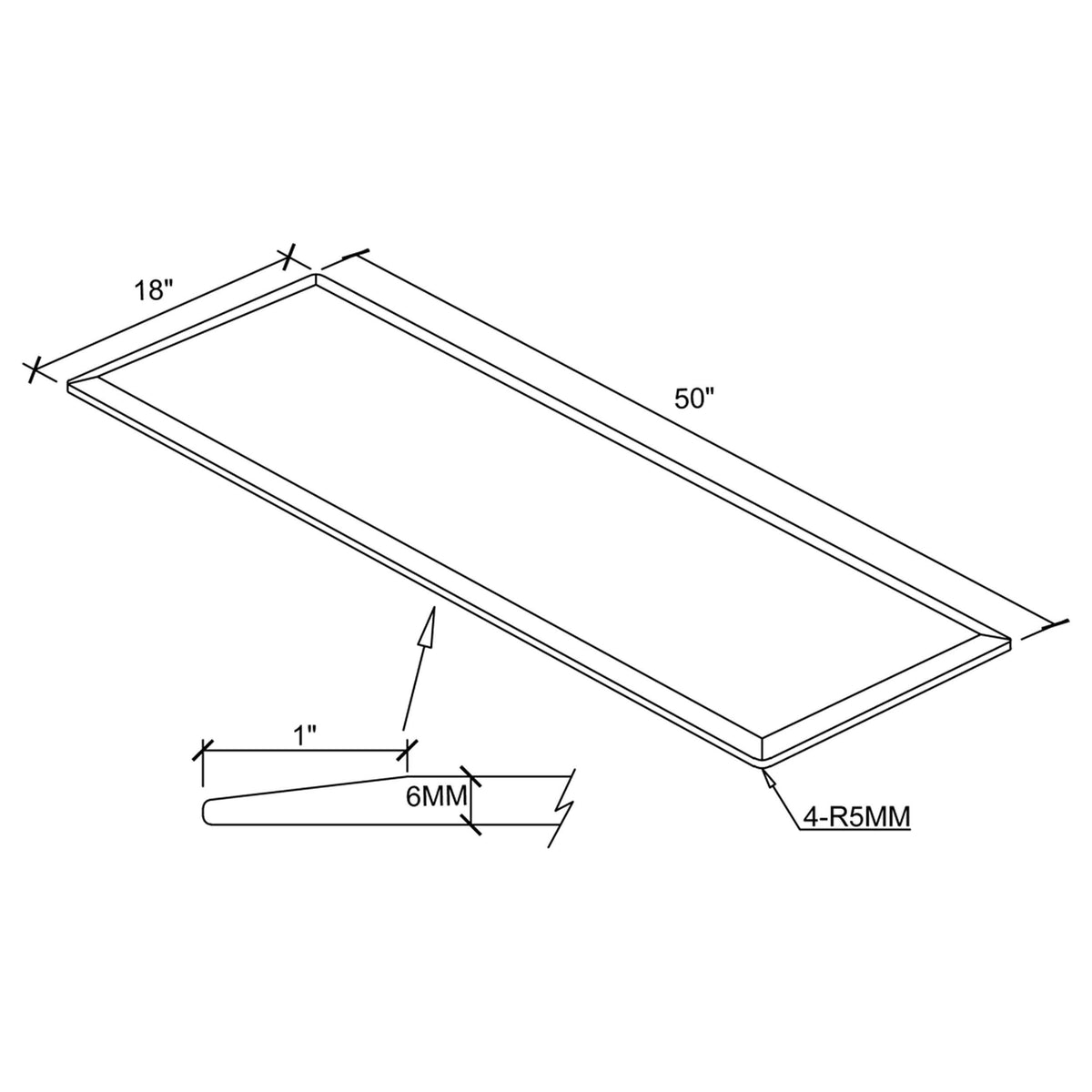 Tapa de vidrio templado transparente rectangular de 50 x 18 pulgadas y 6 mm