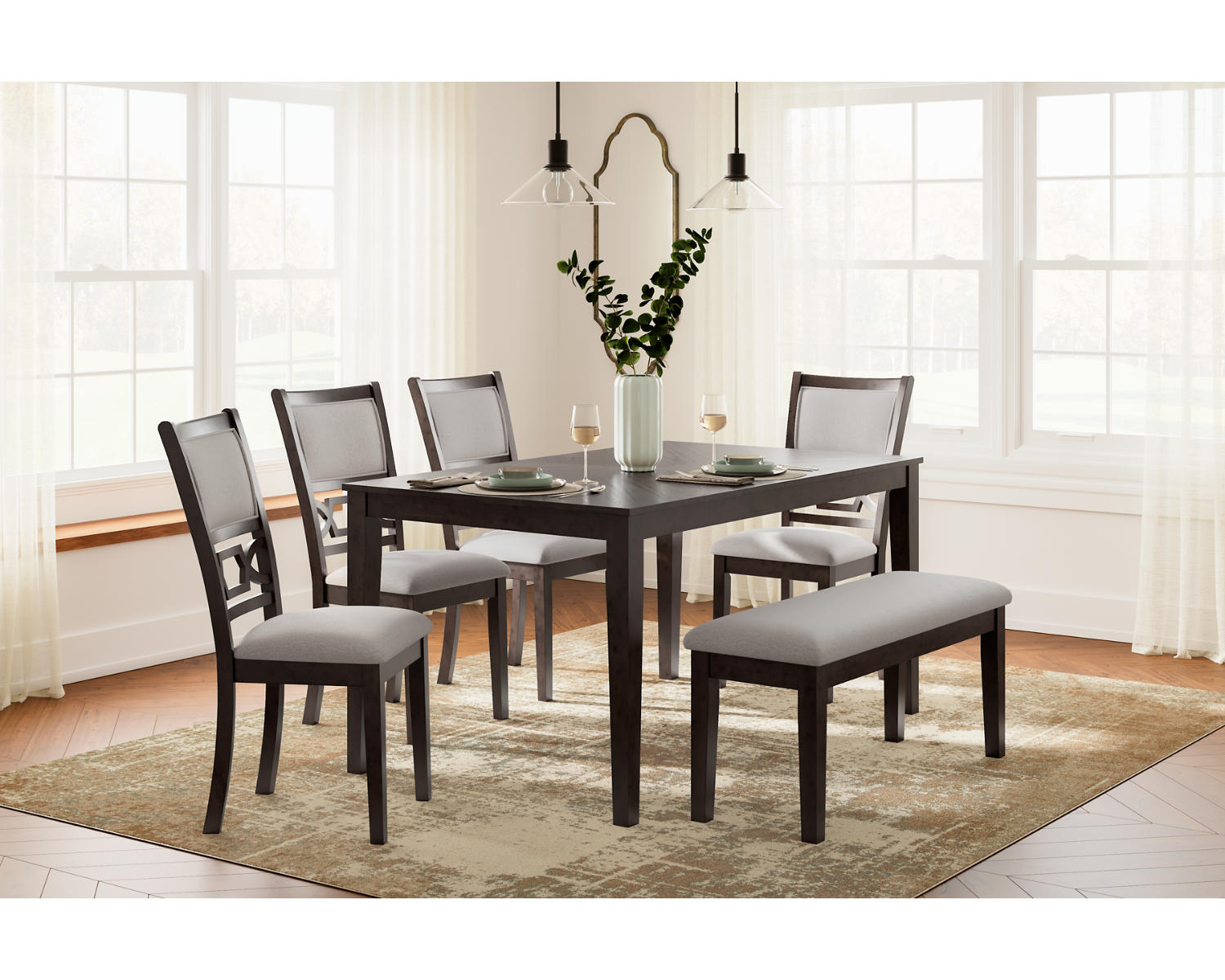 Langwest Dining Table and 4 Chairs and Bench (Set of 6)
