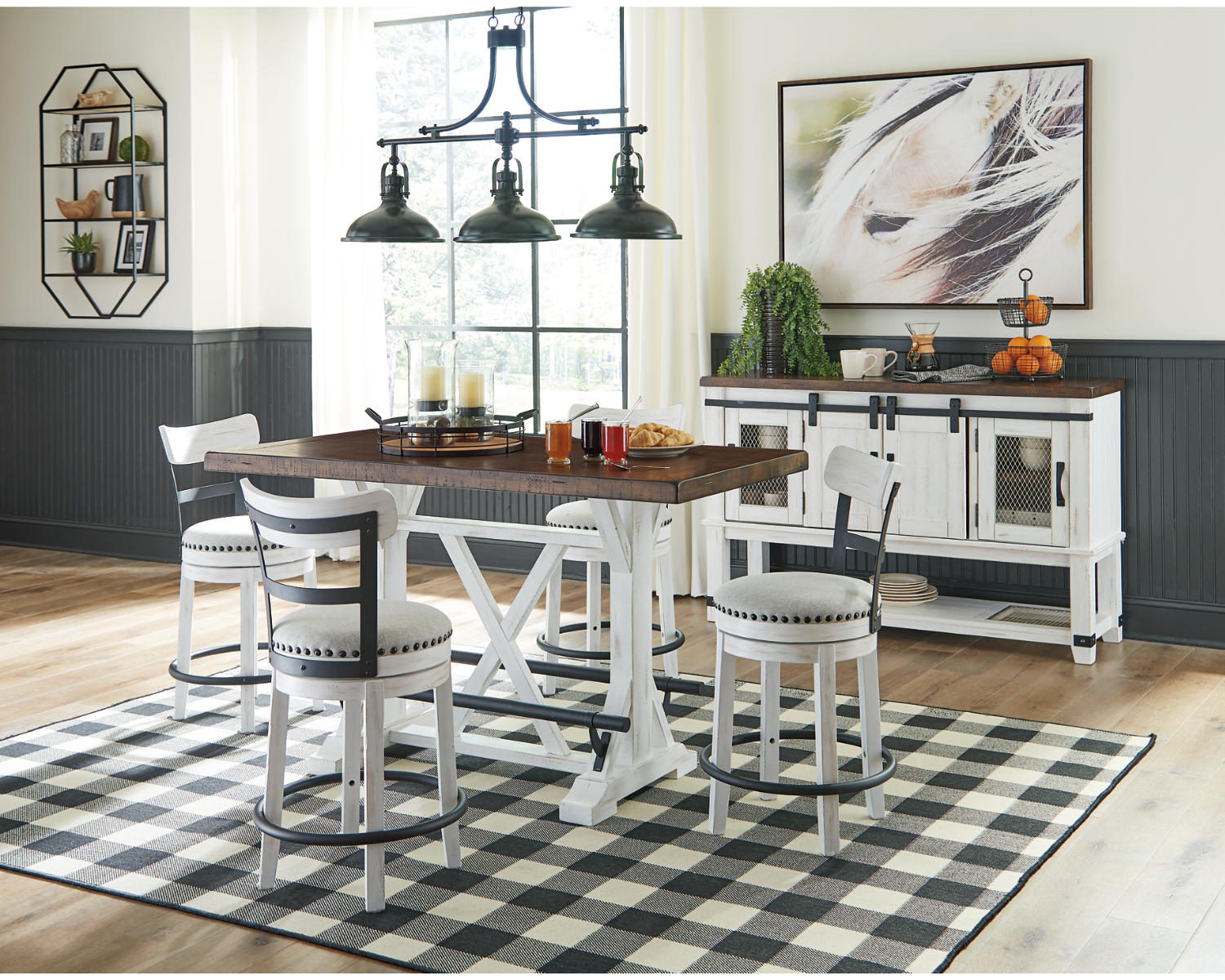 Valebeck Counter Height Dining Table, 4 Barstools and Server