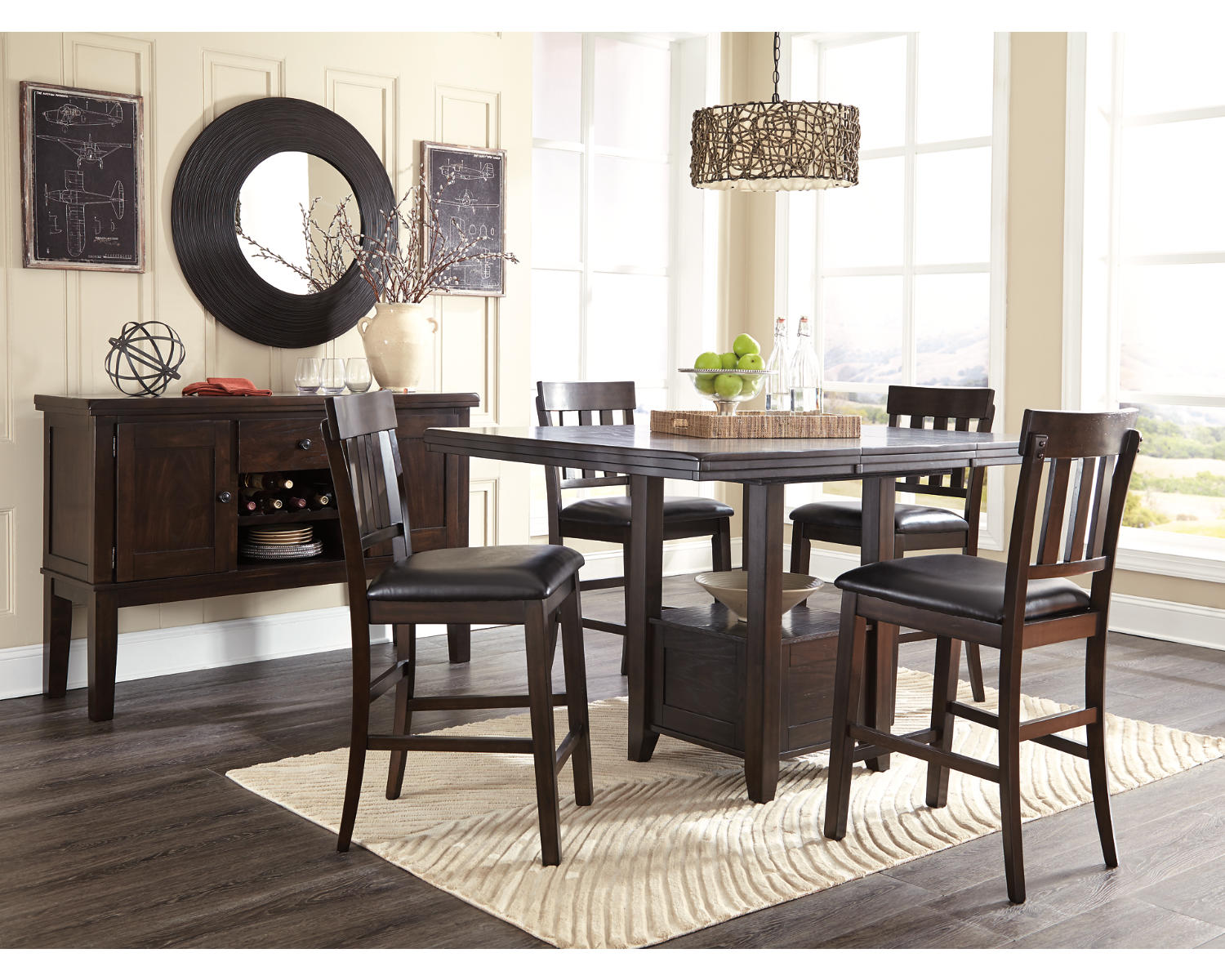 Haddigan Counter Height Dining Table, 4 Barstools and Server