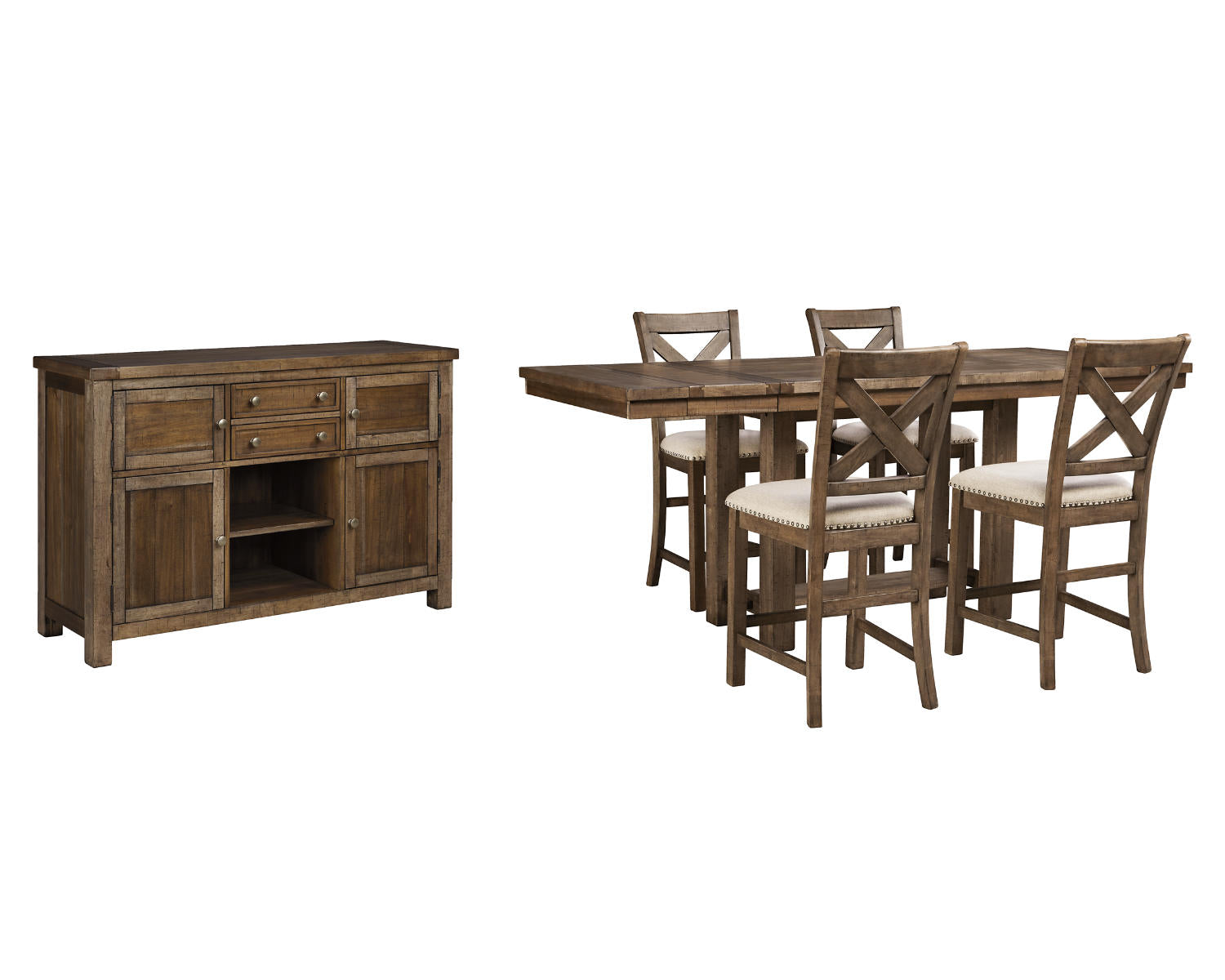 Moriville Counter Height Dining Table, 4 Barstools and Server