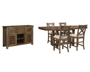 Moriville Counter Height Dining Table, 4 Barstools and Server