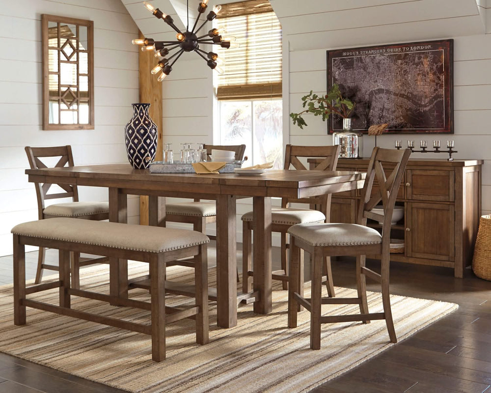 Mesa de comedor de altura de mostrador Moriville con 4 taburetes, banco y servidor