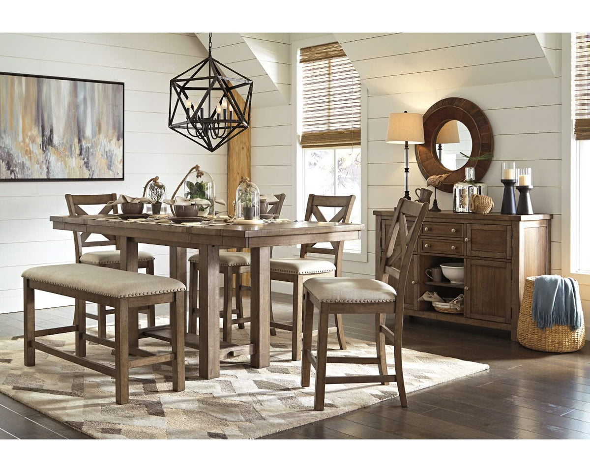 Mesa de comedor de altura de mostrador Moriville con 4 taburetes, banco y servidor