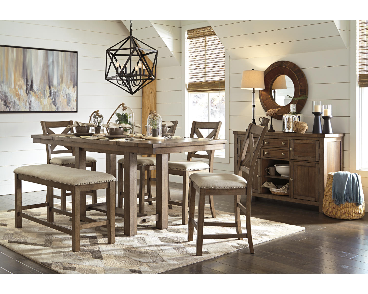 Moriville Counter Height Dining Table with 4 Barstools, Bench, and Server