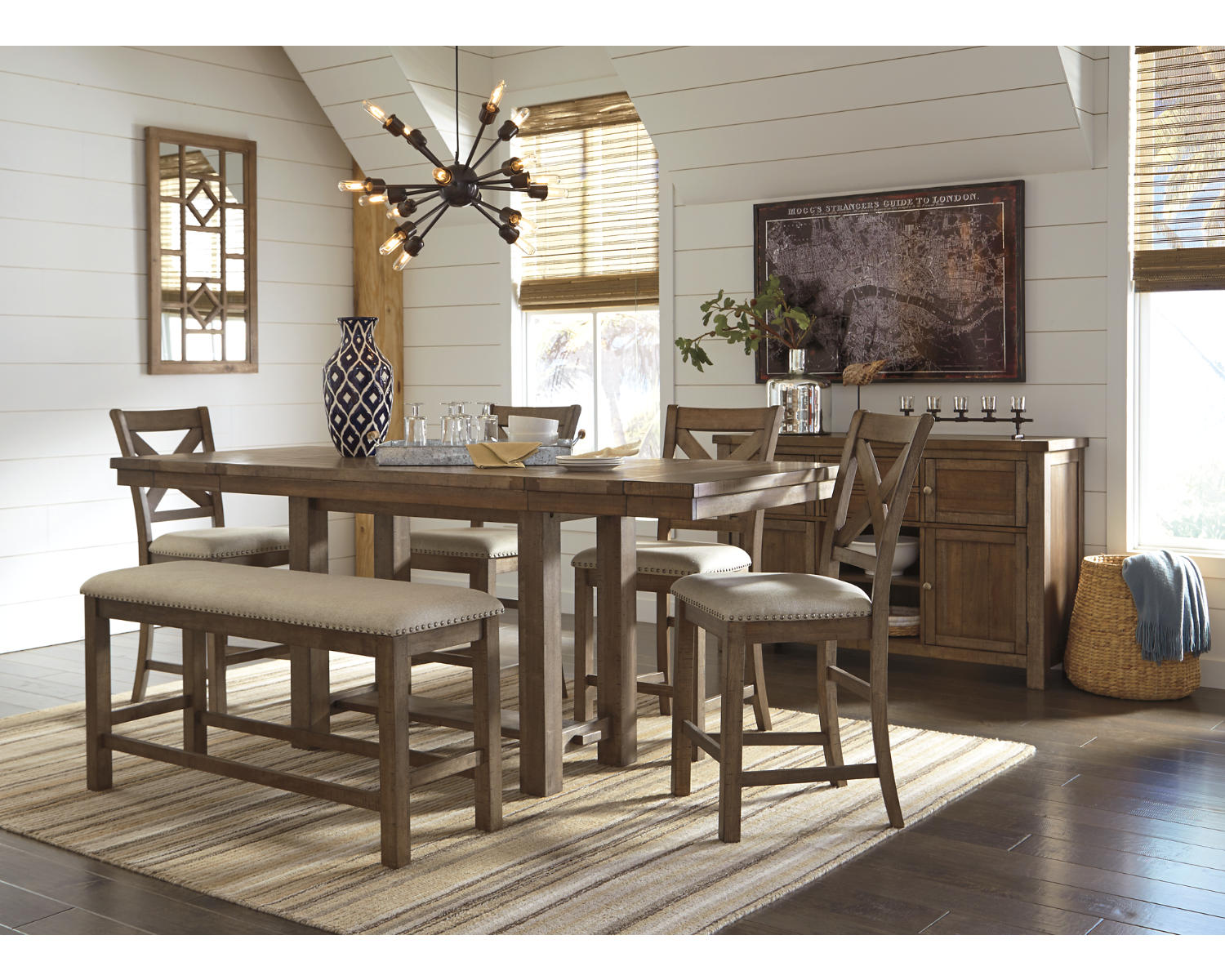 Moriville Counter Height Dining Table with 4 Barstools, Bench, and Server