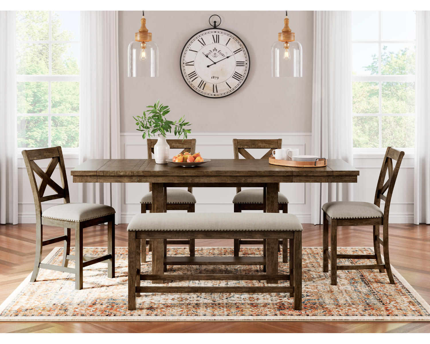Moriville Counter Height Dining Table with 4 Barstools and Bench