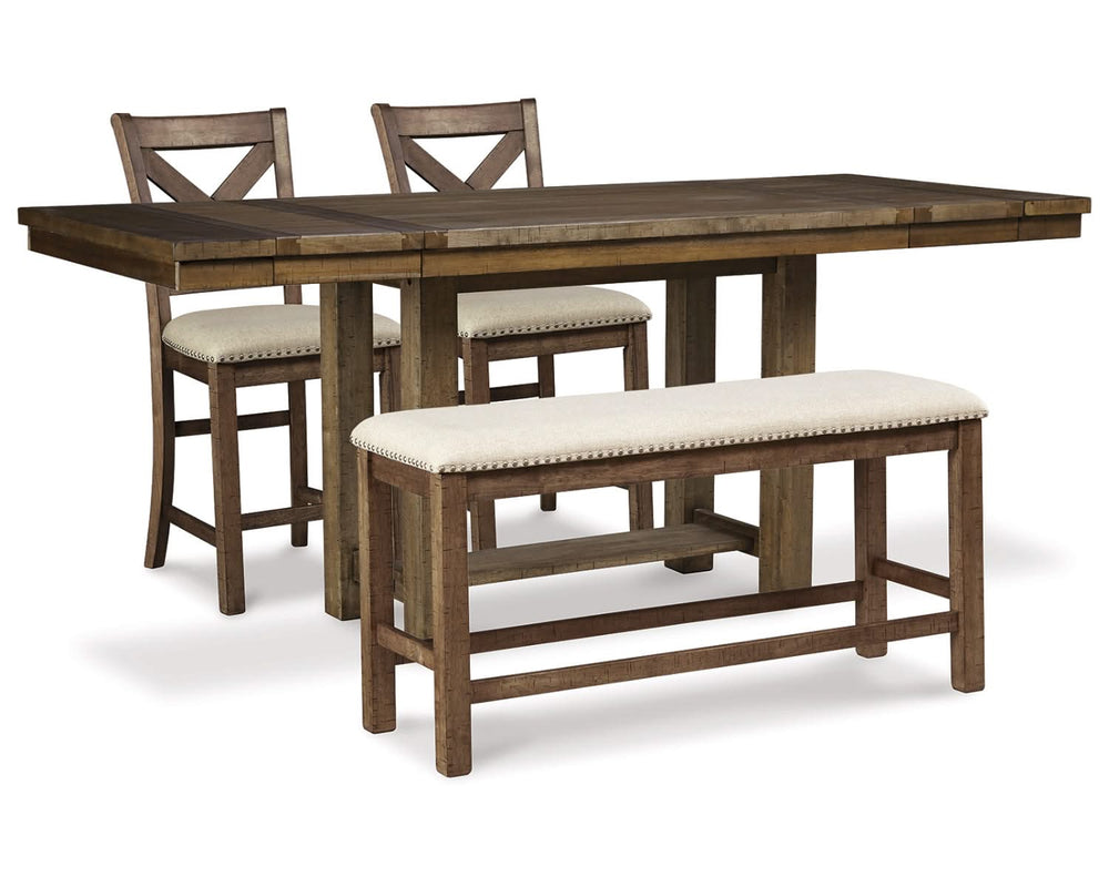 Mesa de comedor de altura de mostrador Moriville, 2 taburetes y banco