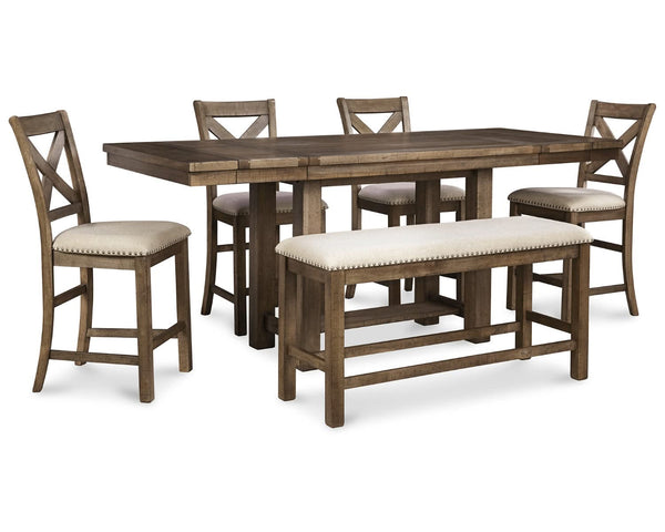 Mesa de comedor de altura de mostrador Moriville con 4 taburetes y banco