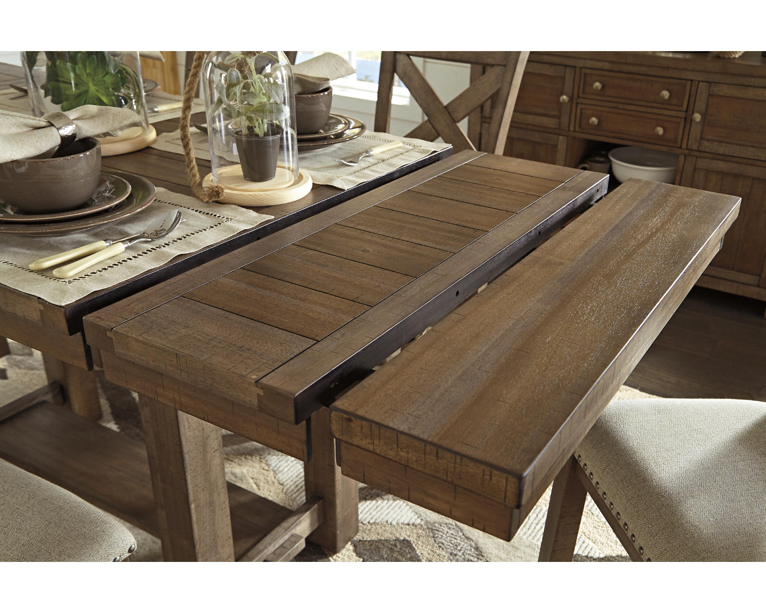 Moriville Counter Height Dining Table with 4 Barstools, Bench, and Server