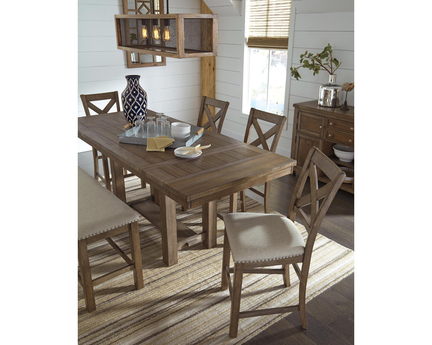 Moriville Counter Height Dining Table, 4 Barstools and Server