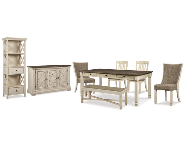 Mesa de comedor Bolanburg, 4 sillas, banco, mueble de servicio y vitrina
