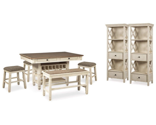 Mesa de comedor Bolanburg de altura de mostrador, 4 taburetes, banco y 2 vitrinas