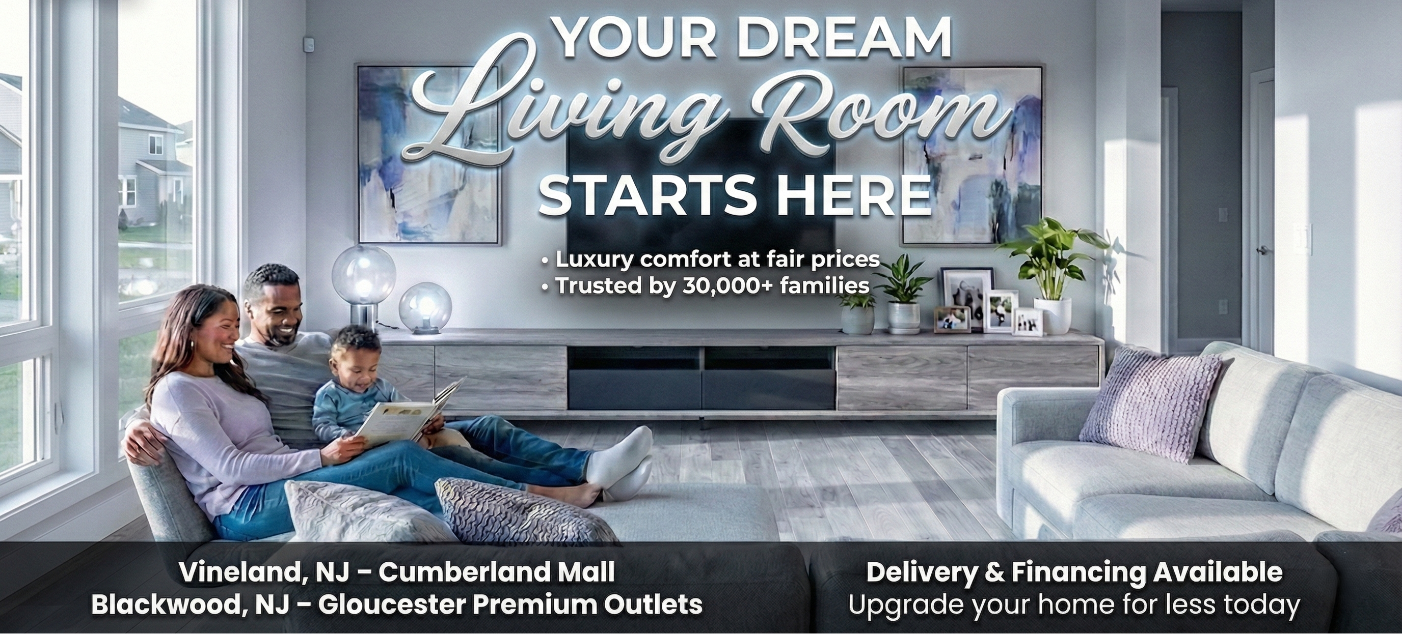 Advertisement for Mikano Furniture with a family in a living room setting.