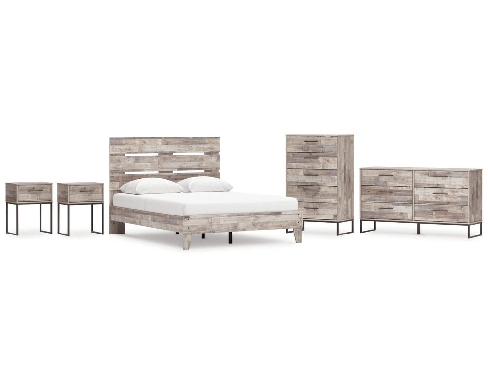 Cama Queen Neilsville con plataforma, tocador, cómoda y dos mesitas de noche