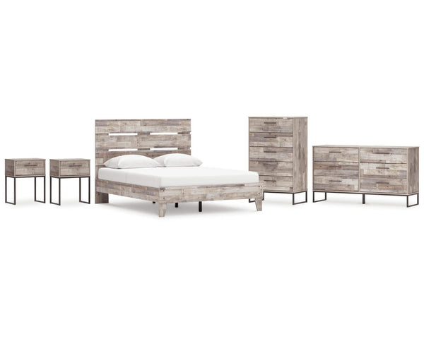 Cama Queen Neilsville con plataforma, tocador, cómoda y dos mesitas de noche