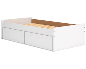Cama individual con plataforma Onita y espacio de almacenamiento en un lateral
