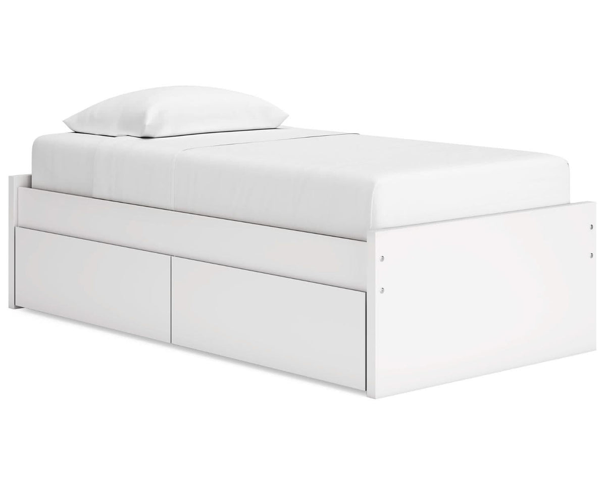 Cama individual con plataforma Onita y espacio de almacenamiento en un lateral