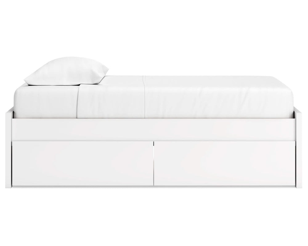 Cama individual con plataforma Onita y espacio de almacenamiento en un lateral