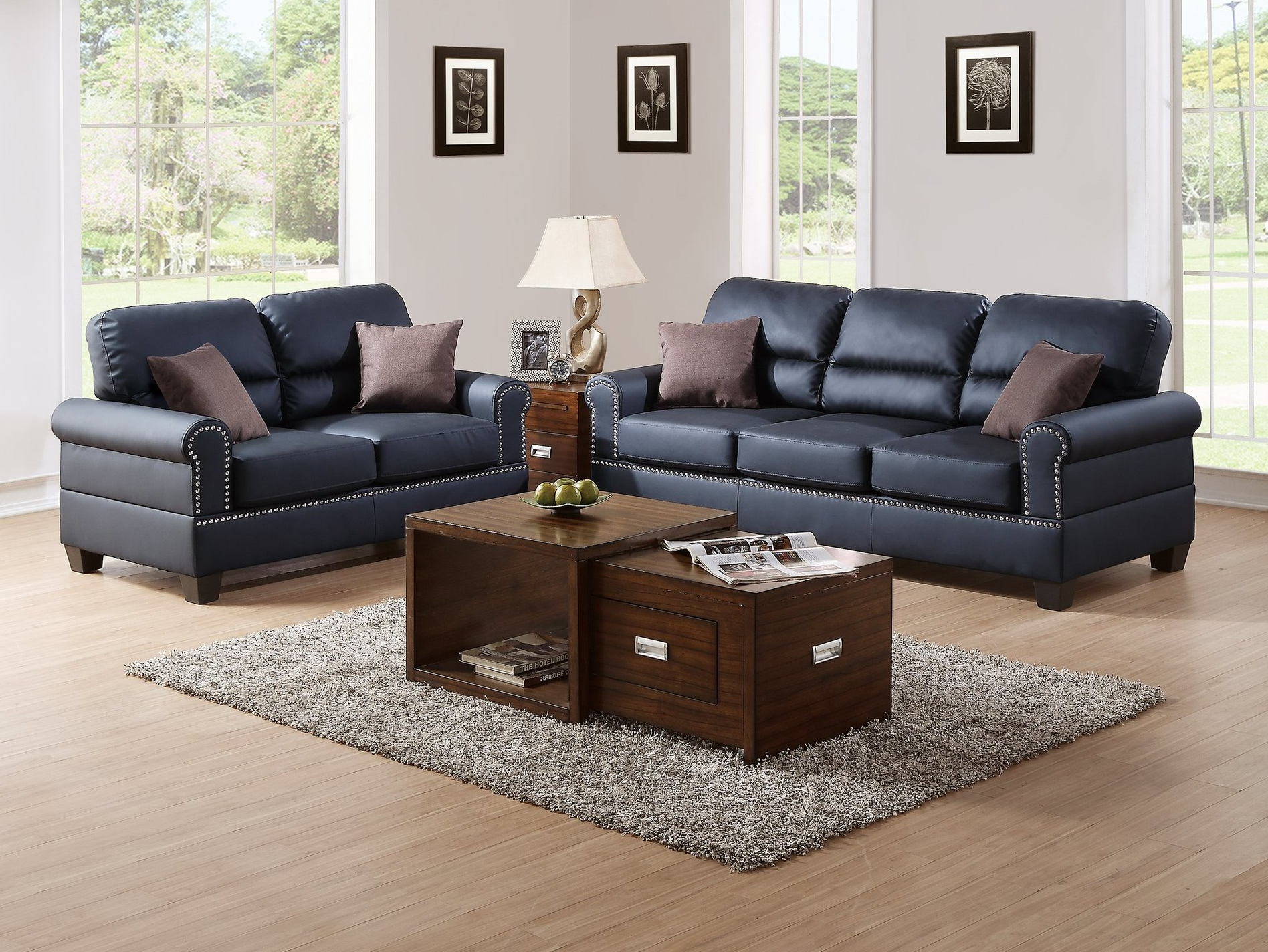 F7877 - 2-PCS SOFA SET/BLACK BONDED LEATHER