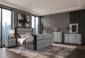 Grey Isabella Queen Bedroom Collection with LED bed, dresser, chest, nightstand and mirror. Complete 5-piece upholstered bedroom set with fluted design and integrated LED lighting.