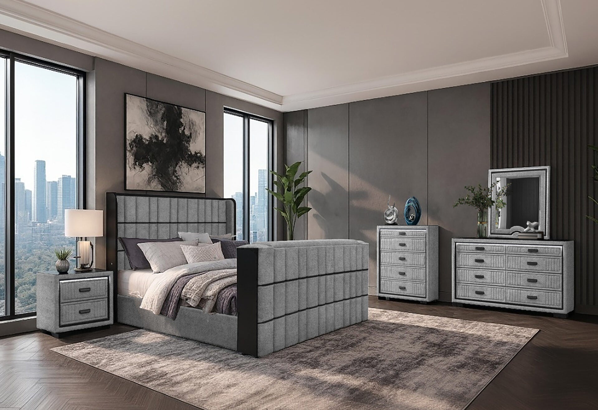 Grey Isabella King Bedroom Collection with LED bed, dresser, chest, nightstand and mirror. Complete 5-piece upholstered bedroom set with fluted design and integrated LED lighting.
