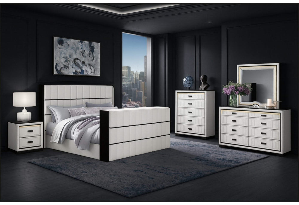 White and black Isabella King Bedroom Collection with LED bed, dresser, chest, nightstand and mirror. High-contrast 5-piece upholstered bedroom set with fluted design and integrated LED lighting.