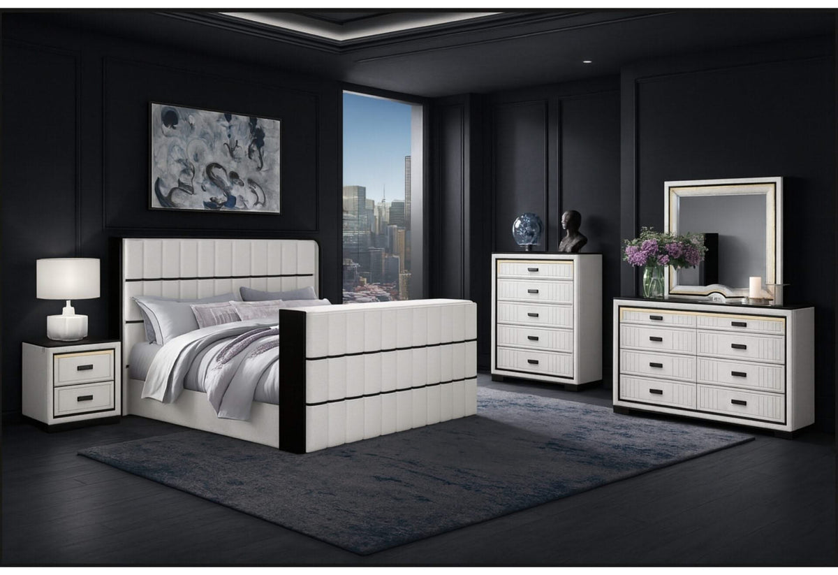 White and black Isabella King Bedroom Collection with LED bed, dresser, chest, nightstand and mirror. High-contrast 5-piece upholstered bedroom set with fluted design and integrated LED lighting.