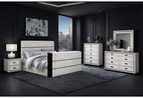 White and black Isabella King Bedroom Collection with LED bed, dresser, chest, nightstand and mirror. High-contrast 5-piece upholstered bedroom set with fluted design and integrated LED lighting.