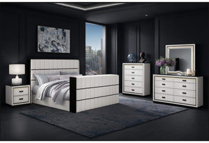 White and black Isabella Queen Bedroom Collection with LED bed, dresser, chest, nightstand and mirror. High-contrast 5-piece upholstered bedroom set with fluted design and integrated LED lighting.