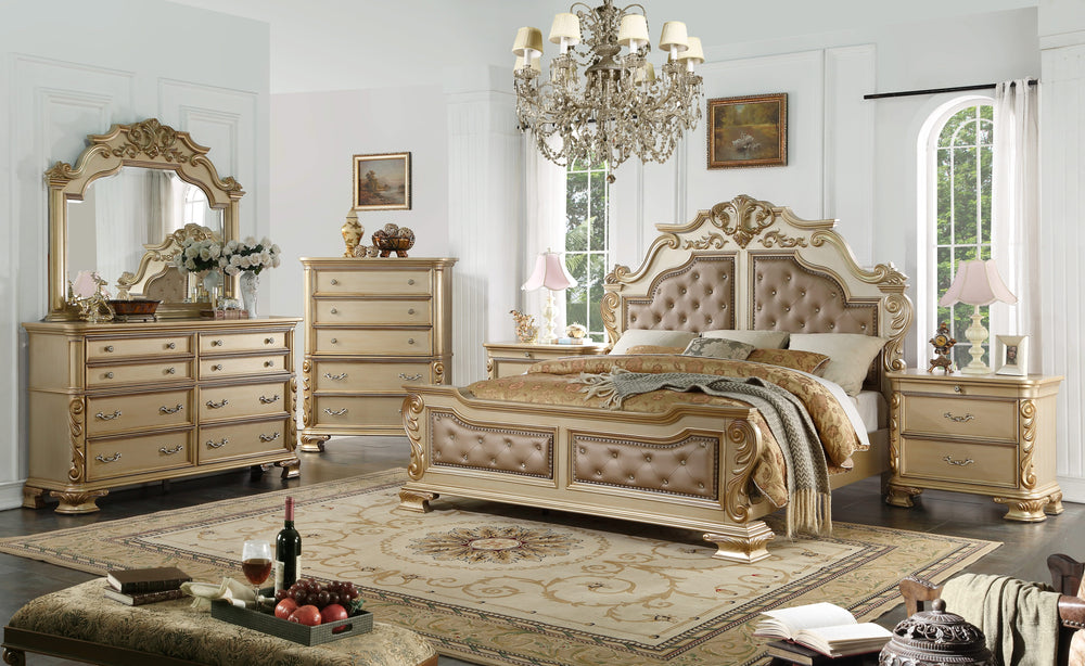 Conjunto de dormitorio Eloquent de 5 piezas de madera auténtica MIRANDA (cómoda, cama, mesita de noche, cómoda y espejo)