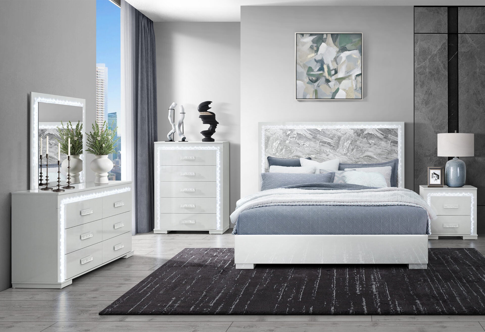 Naomi Silver Marble Full Bed Group - Modern LED Bedroom Set