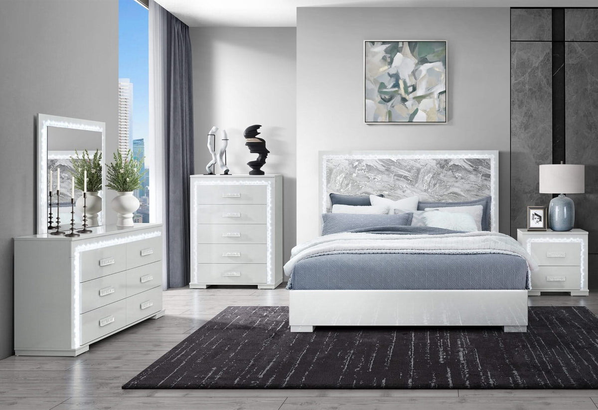 Naomi Silver Marble King Bed Group - Luxury LED Bedroom Set