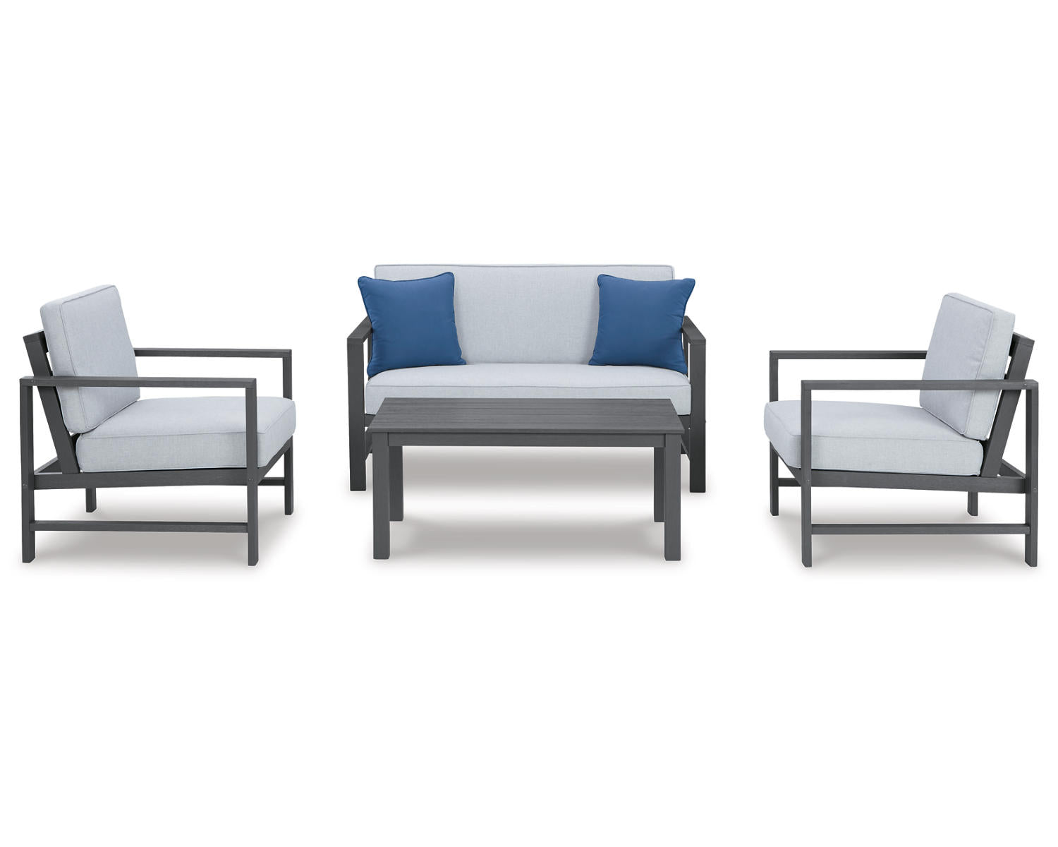 Fynnegan Outdoor Loveseat, 2 Lounge Chairs and Coffee Table