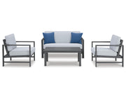 Fynnegan Outdoor Loveseat, 2 Lounge Chairs and Coffee Table